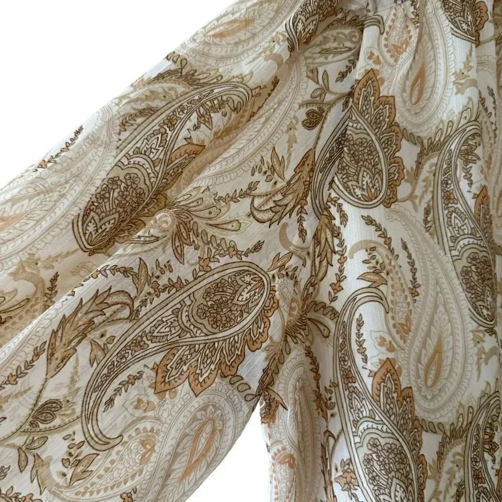 Joie PAISLEY PRINTED RETRO BLOUSE Linen IN BROWN Cream SZ L #1955 - Picture 4 of 11